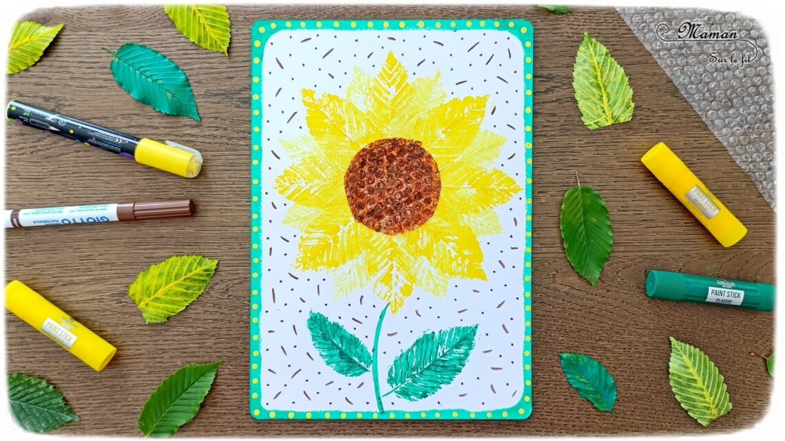Peindre un tournesol avec des empreintes de feuilles : activité créative, peinture et manuelle enfants - Peinture avec des éléments de la nature - Empreintes de feuilles faites avec de la gouache en stick - Papier à bulles pour le coeur du tournesol - Dessin et graphismes - Land Art et Nature - Thème Fleurs, printemps, été, soleil - Bricolage et décoration sympa et facile - Arts visuels maternelle et élémentaire - Cycles 1 et 2 - Créativité - tutoriel photos et vidéo - mslf