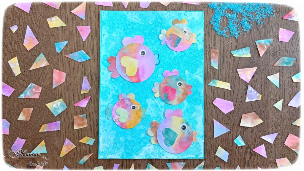 Créer des poissons multicolores au papier aluminium et feutres : activité créative, peinture et manuelle enfants - Fond bleu avec la technique de l'encre et du gros sel - Pour les poissons colorés, technique des feutres, du papier aluminium et de l'eau - Découpage, collage, cercle, coeurs - Gommettes Yeux - Thème poissons, animaux marins, mer, océans, été, 1er avril - Bricolage et décoration sympa et facile - Arts visuels maternelle et élémentaire - Cycles 1 et 2 - Créativité - tutoriel photos - mslf