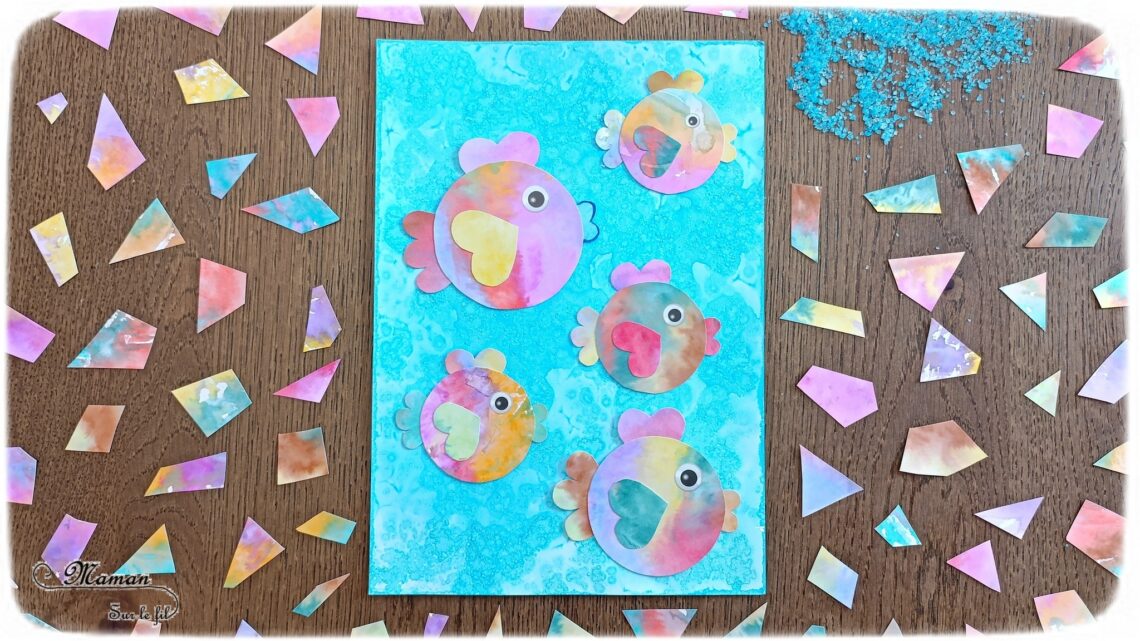 Créer des poissons multicolores au papier aluminium et feutres : activité créative, peinture et manuelle enfants - Fond bleu avec la technique de l'encre et du gros sel - Pour les poissons colorés, technique des feutres, du papier aluminium et de l'eau - Découpage, collage, cercle, coeurs - Gommettes Yeux - Thème poissons, animaux marins, mer, océans, été, 1er avril - Bricolage et décoration sympa et facile - Arts visuels maternelle et élémentaire - Cycles 1 et 2 - Créativité - tutoriel photos - mslf