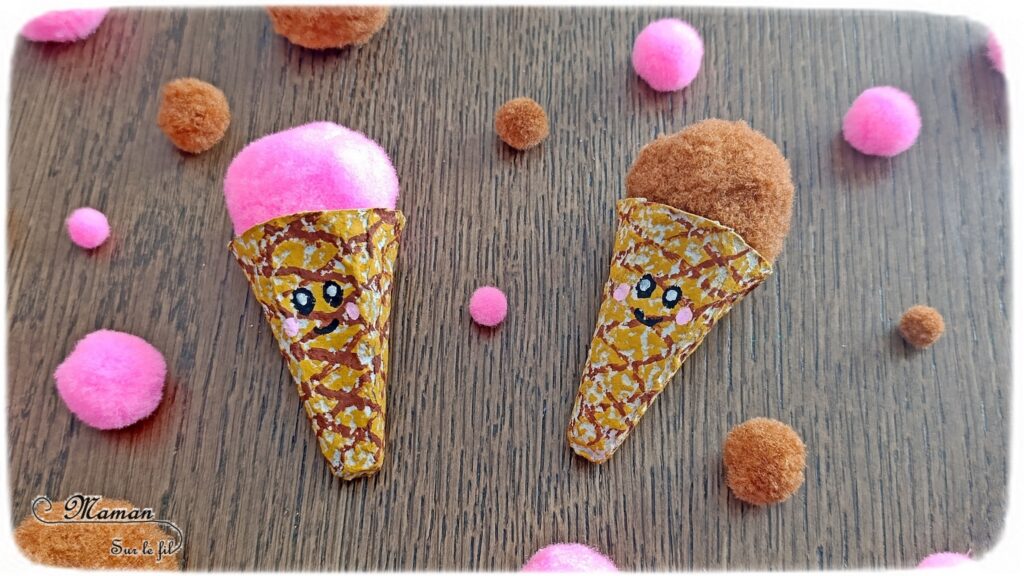 Fabriquer des mini glaces avec une boite à oeufs et des pompons : activité créative, récup' et manuelle enfants - Recyclage et surcyclage de boites à oeufs pour le cornet - Mise en couleur avec pastel gras et dessin aux marqueurs Peinture - Boules de glaces avec un gros pompon - Possible de varier les parfums (ici fraise et chocolat - Bricolage facile et rigolo - Thème alimentation, gourmandises sucrées, glaces, été - Bricolage et décoration sympa et facile - Arts visuels maternelle et élémentaire - Cycles 1 et 2 - Créativité - tutoriel photos - mslf