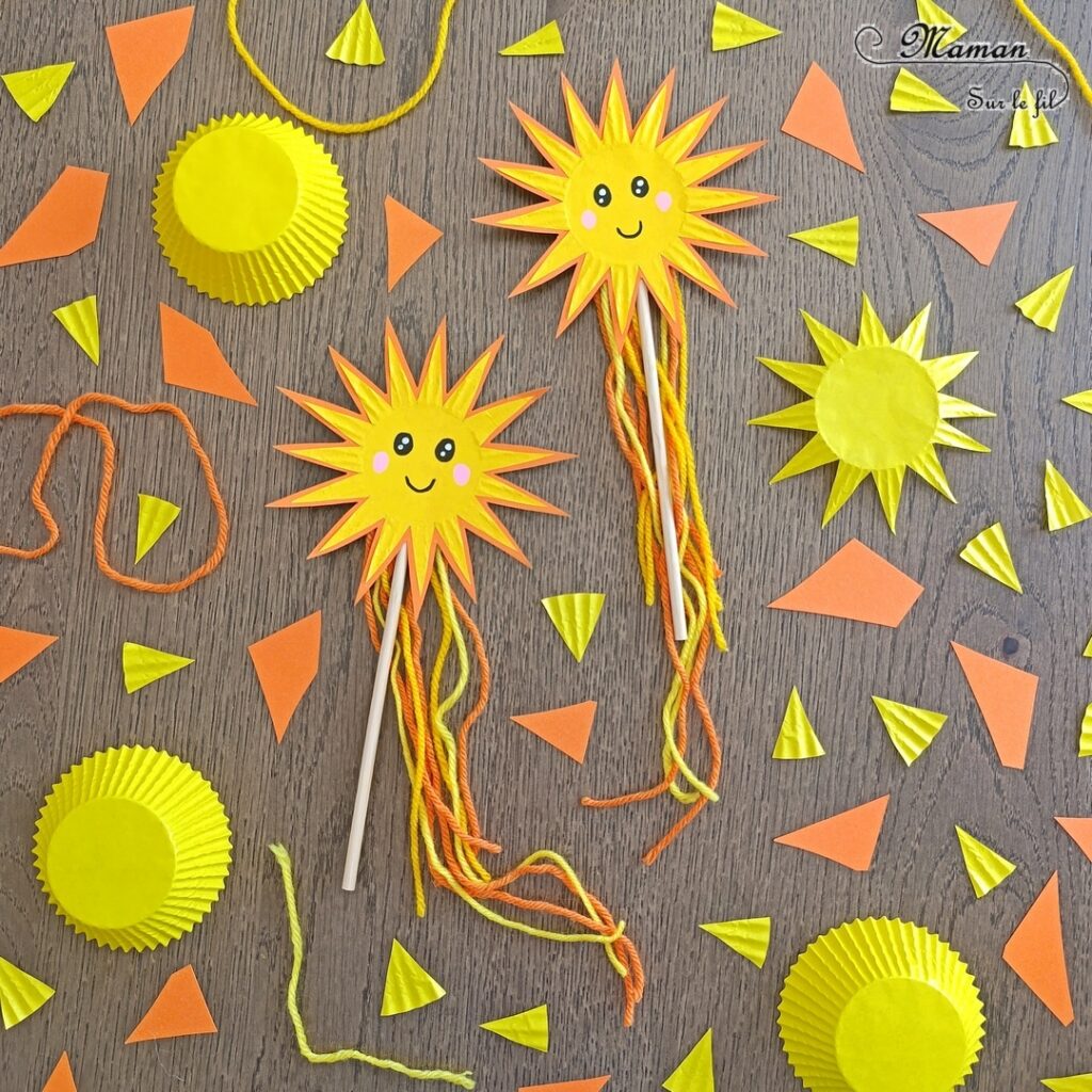 Fabriquer des baguettes magiques Soleils avec des caissettes à cupcakes : activité créative et manuelle enfants - Recyclage, surcyclage de papier bulle - Découpage et collage - Bâtonnets en bois et bouts de laine pour la décoration - Thème météo, ciel, soleil, été - Bricolage et décoration sympa et facile - Arts visuels maternelle et élémentaire - Cycles 1 et 2 - Créativité - tutoriel photos - mslf