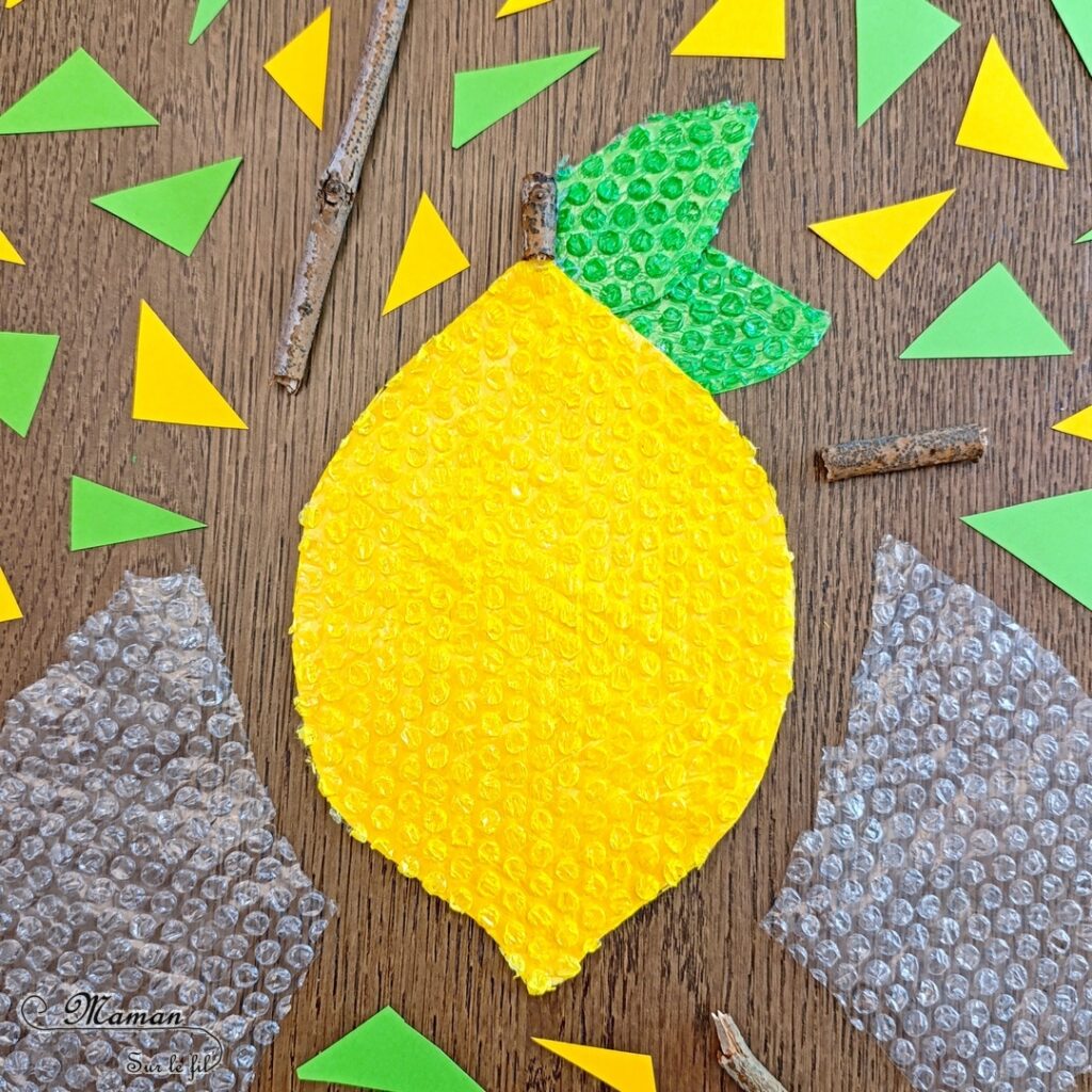 Créer un citron avec du papier à bulles et de la peinture : activité créative, récup et manuelle enfants - Recyclage, surcyclage de papier bulle - Découpage et collage de papier - Peinture sur papier à bulles - Bâton pour la queue du citron - Land Art et Nature - Thème Fruits et légumes, potager, printemps, été - Bricolage et décoration sympa et facile - Arts visuels maternelle et élémentaire - Cycles 1 et 2 - Créativité - tutoriel photos - mslf