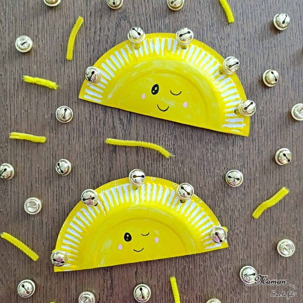 Fabriquer des tambourins Soleils en récup' : activité créative, récup et manuelle enfants - Recyclage, surcyclage d'assiettes en carton - Bricolage, peinture avec des sticks de gouache - Grelots et fils chenille pour la musique - Visage mignon - Bricolage rapide pour la fête de la musique et l'été - Instruments de musique DIY, fait maison - Thème Fête de la musique, été, météo, soleil - Bricolage et décoration sympa et facile - Arts visuels maternelle et élémentaire - Cycles 1 et 2 - Créativité - tutoriel photos et vidéo - mslf