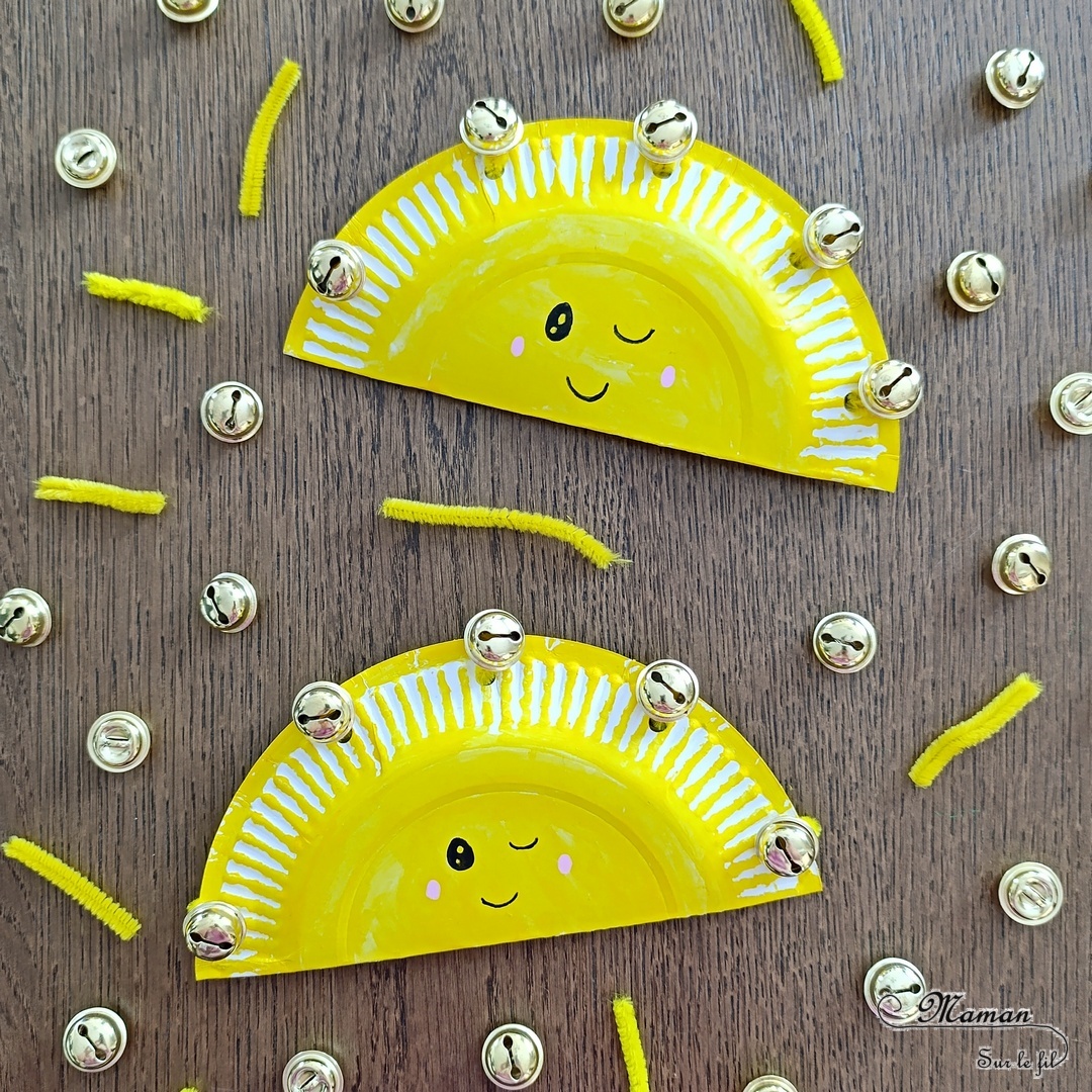 Fabriquer des tambourins Soleils en récup' : activité créative, récup et manuelle enfants - Recyclage, surcyclage d'assiettes en carton - Bricolage, peinture avec des sticks de gouache - Grelots et fils chenille pour la musique - Visage mignon - Bricolage rapide pour la fête de la musique et l'été - Instruments de musique DIY, fait maison - Thème Fête de la musique, été, météo, soleil - Bricolage et décoration sympa et facile - Arts visuels maternelle et élémentaire - Cycles 1 et 2 - Créativité - tutoriel photos et vidéo - mslf