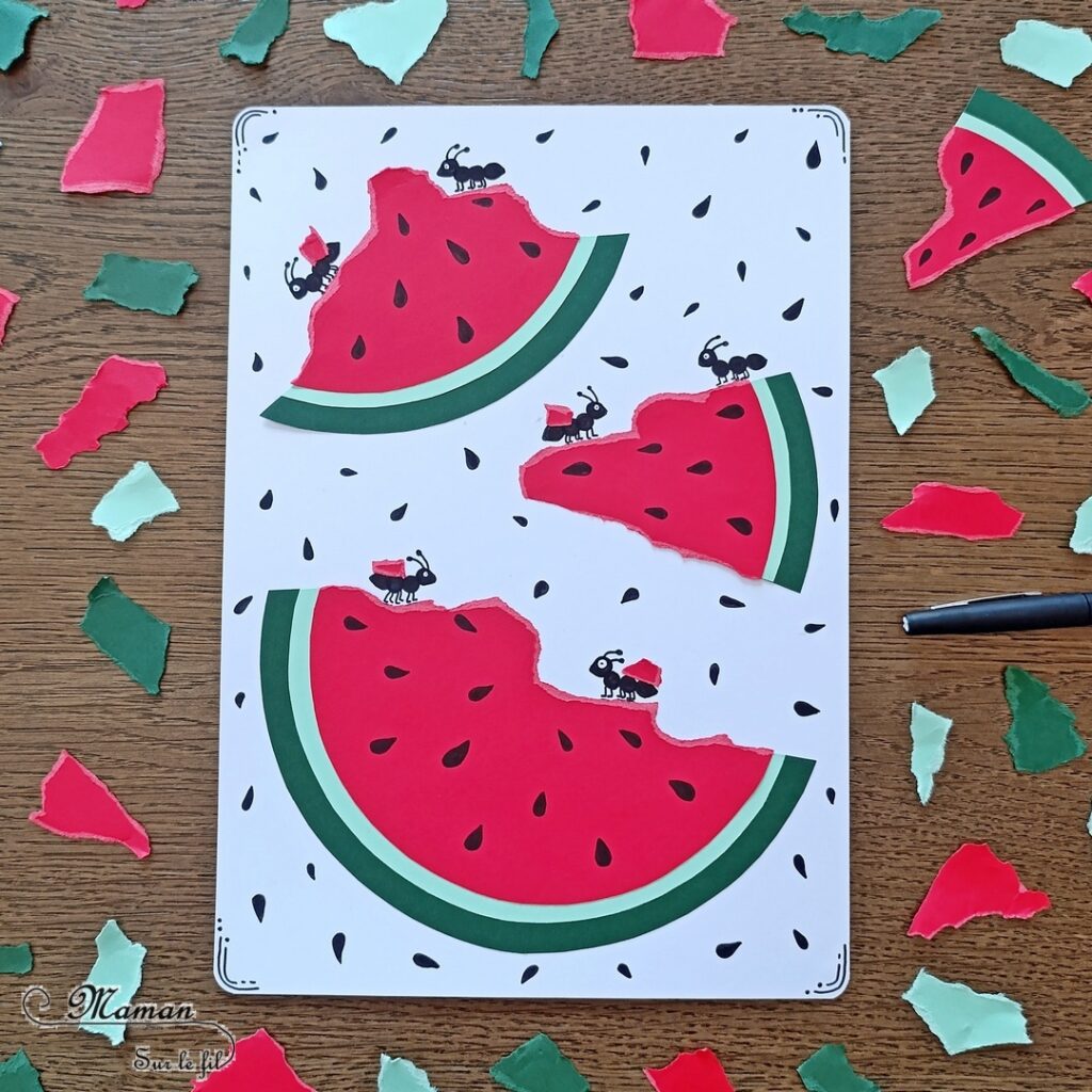 Pastèque en papier déchiré, mangée par des fourmis : activité créative et manuelle enfants - Déchirage, découpage et collage de papier - Utilisation du compas, cercles - Dessins et graphismes - Thème Fruits et légumes, potager, printemps, été - Bricolage et décoration sympa et facile - Arts visuels maternelle et élémentaire - Cycles 1 et 2 - Créativité - tutoriel photos - mslf
