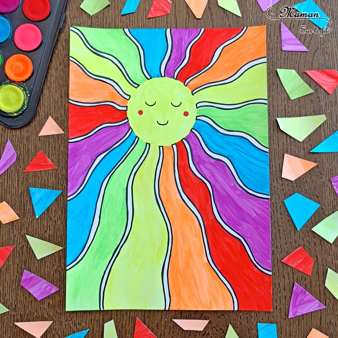 Peindre un soleil Arc-en-ciel : activité créative, peinture et manuelle enfants - Utilisation d'un compas - Dessins en noir - Couleurs avec palette de peinture pour enfants - Type Aquarelle - Dessin mignon - Contraste noir et couleurs - Thème météo, ciel, soleil, été, printemps - Bricolage et décoration sympa et facile - Arts visuels maternelle et élémentaire - Cycles 1 et 2 - Créativité - tutoriel photos - mslf
