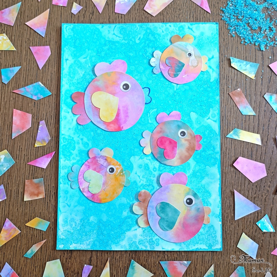 Créer des poissons multicolores au papier aluminium et feutres : activité créative, peinture et manuelle enfants - Fond bleu avec la technique de l'encre et du gros sel - Pour les poissons colorés, technique des feutres, du papier aluminium et de l'eau - Découpage, collage, cercle, coeurs - Gommettes Yeux - Thème poissons, animaux marins, mer, océans, été, 1er avril - Bricolage et décoration sympa et facile - Arts visuels maternelle et élémentaire - Cycles 1 et 2 - Créativité - tutoriel photos - mslf