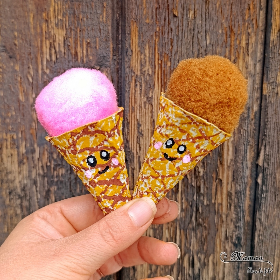 Fabriquer des mini glaces avec une boite à oeufs et des pompons : activité créative, récup' et manuelle enfants - Recyclage et surcyclage de boites à oeufs pour le cornet - Mise en couleur avec pastel gras et dessin aux marqueurs Peinture - Boules de glaces avec un gros pompon - Possible de varier les parfums (ici fraise et chocolat - Bricolage facile et rigolo - Thème alimentation, gourmandises sucrées, glaces, été - Bricolage et décoration sympa et facile - Arts visuels maternelle et élémentaire - Cycles 1 et 2 - Créativité - tutoriel photos - mslf