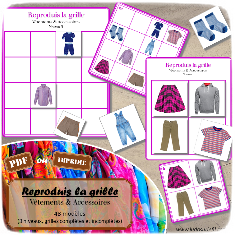 Reproduis la grille - Vêtements et accessoires - 48 modèles à reproduire - Repérage dans l'espace et vocabulaire spatial - Variante pour travailler la mémoire - Variante à deux pour le langage oral - Dicte, décris la grille pour que l'autre jouer la reproduise - jeu et atelier autonome Maternelle (Cycle 1) et Primaire (Cycle 2) - PDF à télécharger et à imprimer ou jeu imprimé - difficulté progressive - repérage spatial - se repérer dans une grille, dans un tableau - Thème Vêtements et accessoires - lslf