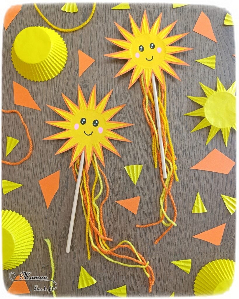 Fabriquer des baguettes magiques Soleils avec des caissettes à cupcakes : activité créative et manuelle enfants - Recyclage, surcyclage de papier bulle - Découpage et collage - Bâtonnets en bois et bouts de laine pour la décoration - Thème météo, ciel, soleil, été - Bricolage et décoration sympa et facile - Arts visuels maternelle et élémentaire - Cycles 1 et 2 - Créativité - tutoriel photos - mslf