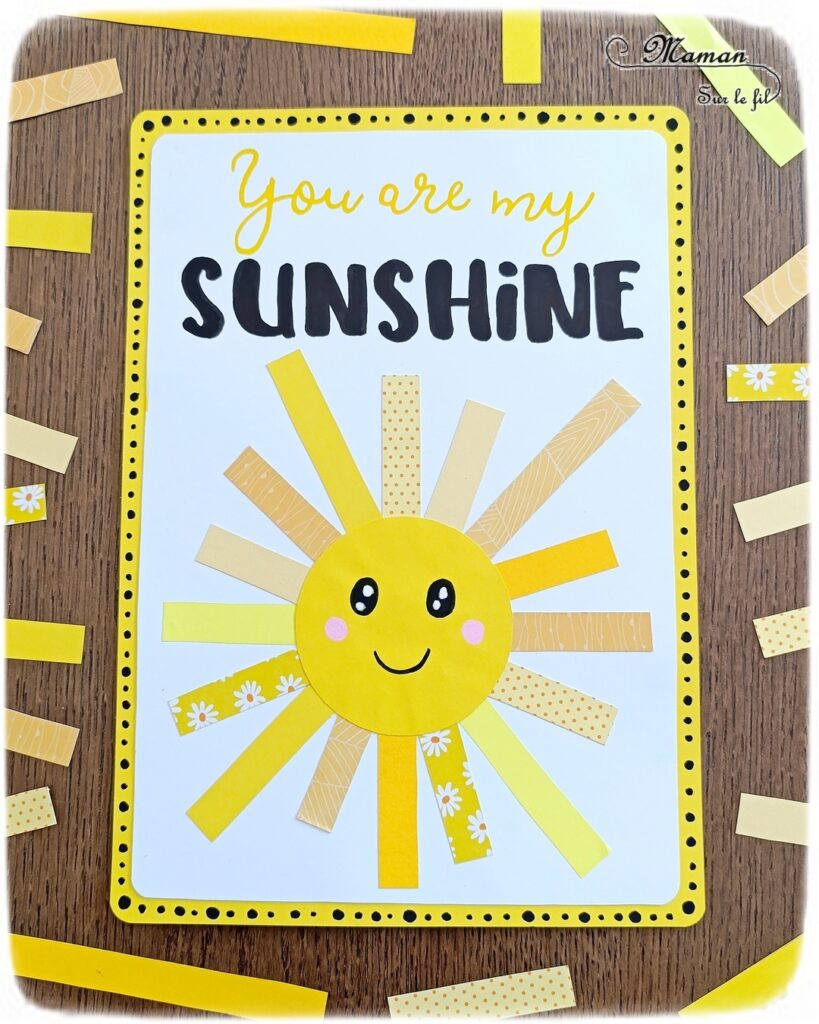 Créer une carte DIY You are my sunshine : activité créative et manuelle enfants - Soleil en bandes de papiers divers - Utilisation de chutes de papier - Géométrie, utilisation de la règle et du compas - Découpage et collage - Calligraphie - Carte à offrir à ceux qu'on aime - Cadeau fait maison - Thème météo, ciel, soleil, été, fête des mères, pères, parents - Bricolage et décoration sympa et facile - Arts visuels maternelle et élémentaire - Cycles 1 et 2 - Créativité - tutoriel photos - mslf