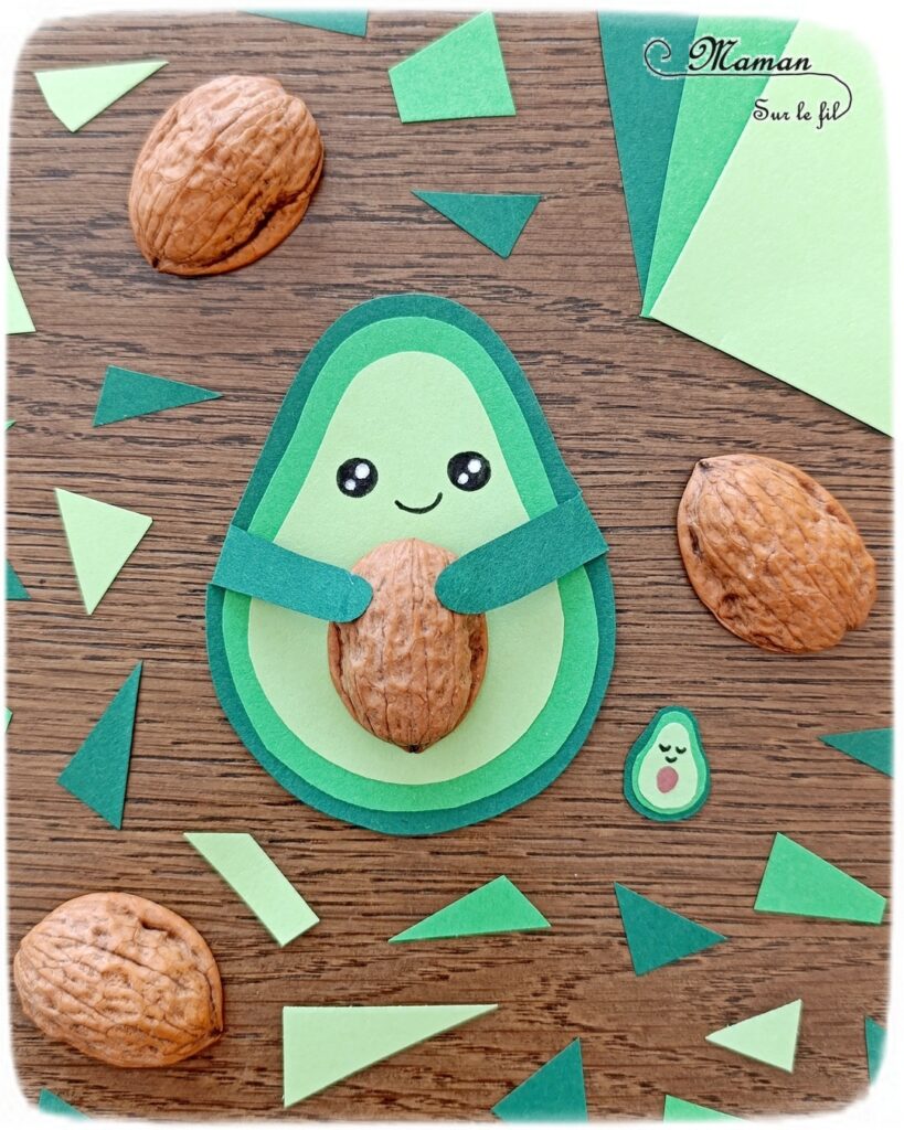 Fabriquer un petit avocat mignon et son bébé : activité créative, récup et manuelle enfants - Recyclage, surcyclage d'une coquille de noix pour le noyau - Découpage et collage de papier - Petite surprise cachée dans son ventre : bonbon, pompons, bébé avocat - Land Art et Nature - Thème Fruits et légumes, potager, printemps, été - Bricolage et décoration sympa et facile - Arts visuels maternelle et élémentaire - Cycles 1 et 2 - Créativité - tutoriel photos et vidéo - mslf