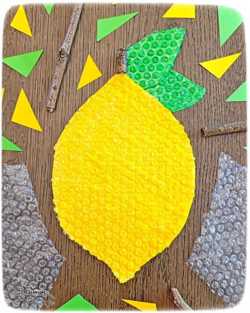 Créer un citron avec du papier à bulles et de la peinture : activité créative, récup et manuelle enfants - Recyclage, surcyclage de papier bulle - Découpage et collage de papier - Peinture sur papier à bulles - Bâton pour la queue du citron - Land Art et Nature - Thème Fruits et légumes, potager, printemps, été - Bricolage et décoration sympa et facile - Arts visuels maternelle et élémentaire - Cycles 1 et 2 - Créativité - tutoriel photos - mslf