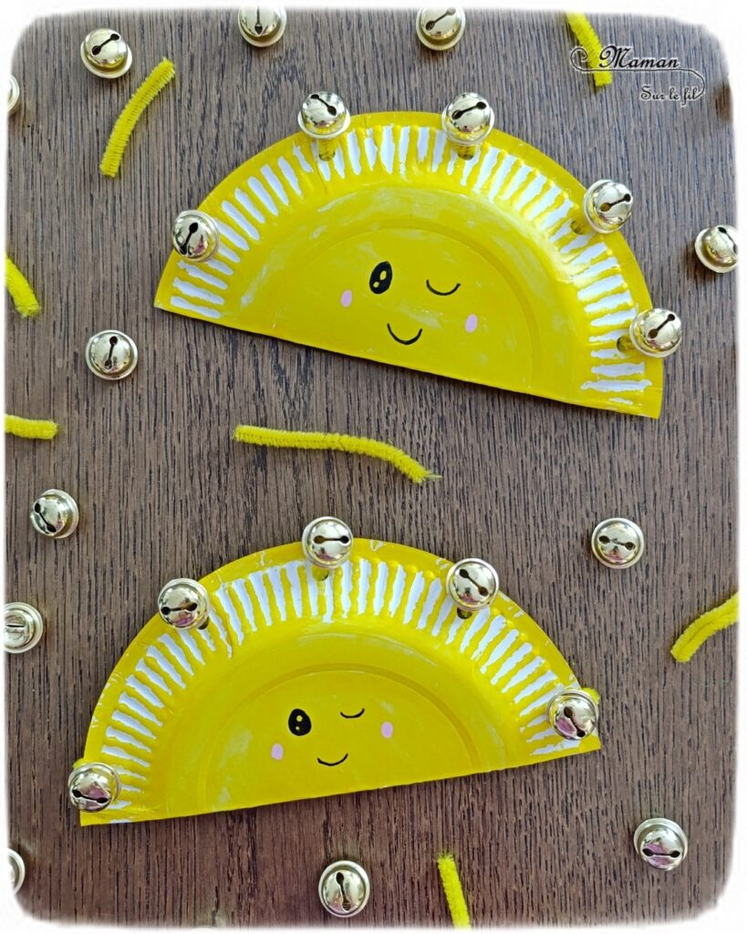 Fabriquer des tambourins Soleils en récup' : activité créative, récup et manuelle enfants - Recyclage, surcyclage d'assiettes en carton - Bricolage, peinture avec des sticks de gouache - Grelots et fils chenille pour la musique - Visage mignon - Bricolage rapide pour la fête de la musique et l'été - Instruments de musique DIY, fait maison - Thème Fête de la musique, été, météo, soleil - Bricolage et décoration sympa et facile - Arts visuels maternelle et élémentaire - Cycles 1 et 2 - Créativité - tutoriel photos et vidéo - mslf