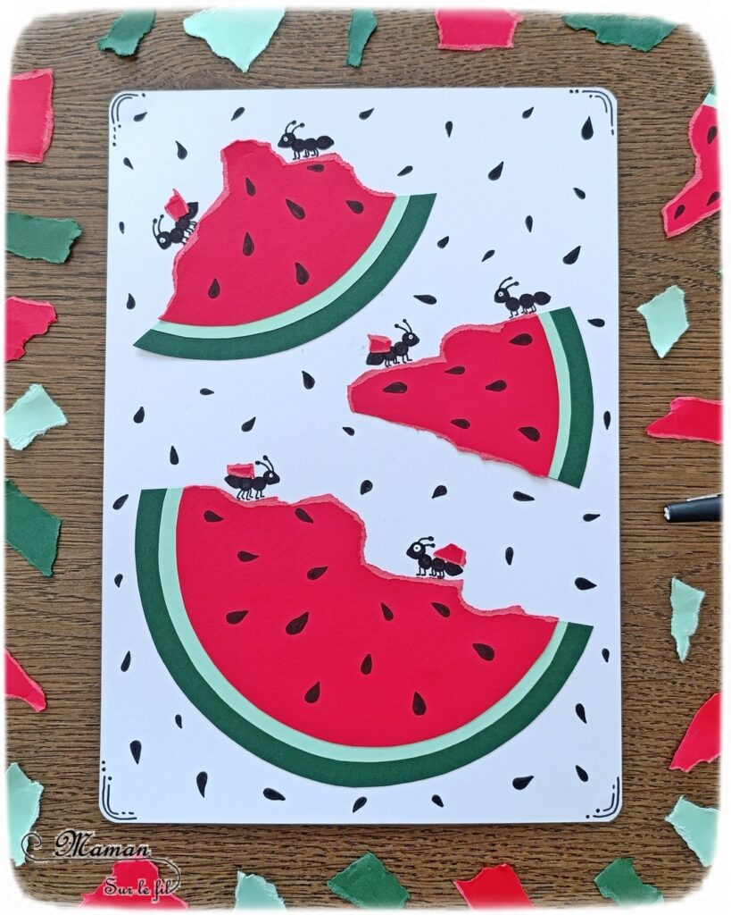Pastèque en papier déchiré, mangée par des fourmis : activité créative et manuelle enfants - Déchirage, découpage et collage de papier - Utilisation du compas, cercles - Dessins et graphismes - Thème Fruits et légumes, potager, printemps, été - Bricolage et décoration sympa et facile - Arts visuels maternelle et élémentaire - Cycles 1 et 2 - Créativité - tutoriel photos - mslf