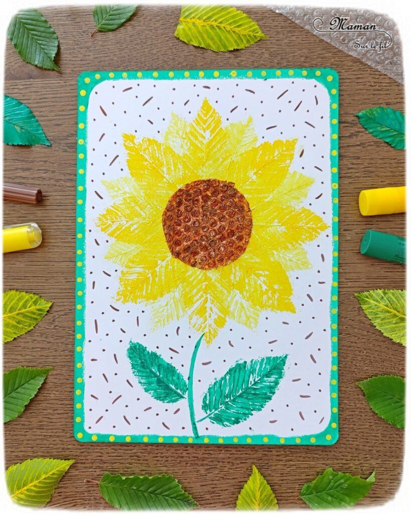 Peindre un tournesol avec des empreintes de feuilles : activité créative, peinture et manuelle enfants - Peinture avec des éléments de la nature - Empreintes de feuilles faites avec de la gouache en stick - Papier à bulles pour le coeur du tournesol - Dessin et graphismes - Land Art et Nature - Thème Fleurs, printemps, été, soleil - Bricolage et décoration sympa et facile - Arts visuels maternelle et élémentaire - Cycles 1 et 2 - Créativité - tutoriel photos et vidéo - mslf