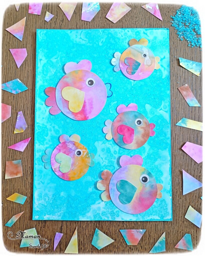 Créer des poissons multicolores au papier aluminium et feutres : activité créative, peinture et manuelle enfants - Fond bleu avec la technique de l'encre et du gros sel - Pour les poissons colorés, technique des feutres, du papier aluminium et de l'eau - Découpage, collage, cercle, coeurs - Gommettes Yeux - Thème poissons, animaux marins, mer, océans, été, 1er avril - Bricolage et décoration sympa et facile - Arts visuels maternelle et élémentaire - Cycles 1 et 2 - Créativité - tutoriel photos - mslf