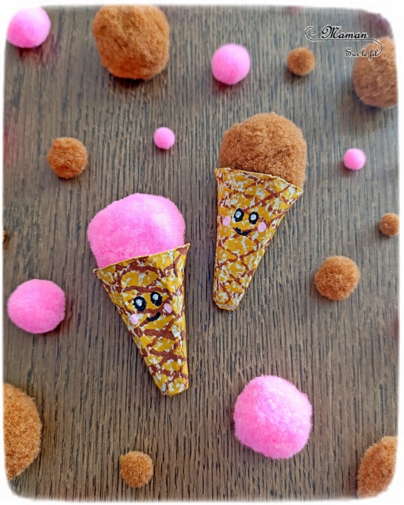 Fabriquer des mini glaces avec une boite à oeufs et des pompons : activité créative, récup' et manuelle enfants - Recyclage et surcyclage de boites à oeufs pour le cornet - Mise en couleur avec pastel gras et dessin aux marqueurs Peinture - Boules de glaces avec un gros pompon - Possible de varier les parfums (ici fraise et chocolat - Bricolage facile et rigolo - Thème alimentation, gourmandises sucrées, glaces, été - Bricolage et décoration sympa et facile - Arts visuels maternelle et élémentaire - Cycles 1 et 2 - Créativité - tutoriel photos - mslf