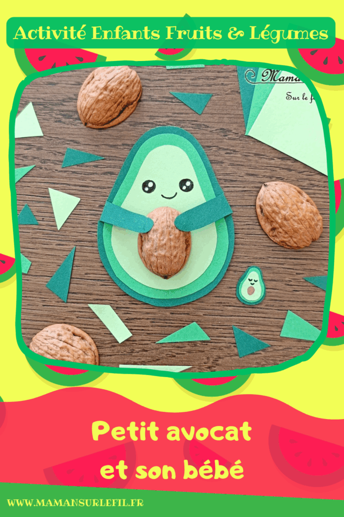 Fabriquer un petit avocat mignon et son bébé : activité créative, récup et manuelle enfants - Recyclage, surcyclage d'une coquille de noix pour le noyau - Découpage et collage de papier - Petite surprise cachée dans son ventre : bonbon, pompons, bébé avocat - Land Art et Nature - Thème Fruits et légumes, potager, printemps, été - Bricolage et décoration sympa et facile - Arts visuels maternelle et élémentaire - Cycles 1 et 2 - Créativité - tutoriel photos et vidéo - mslf