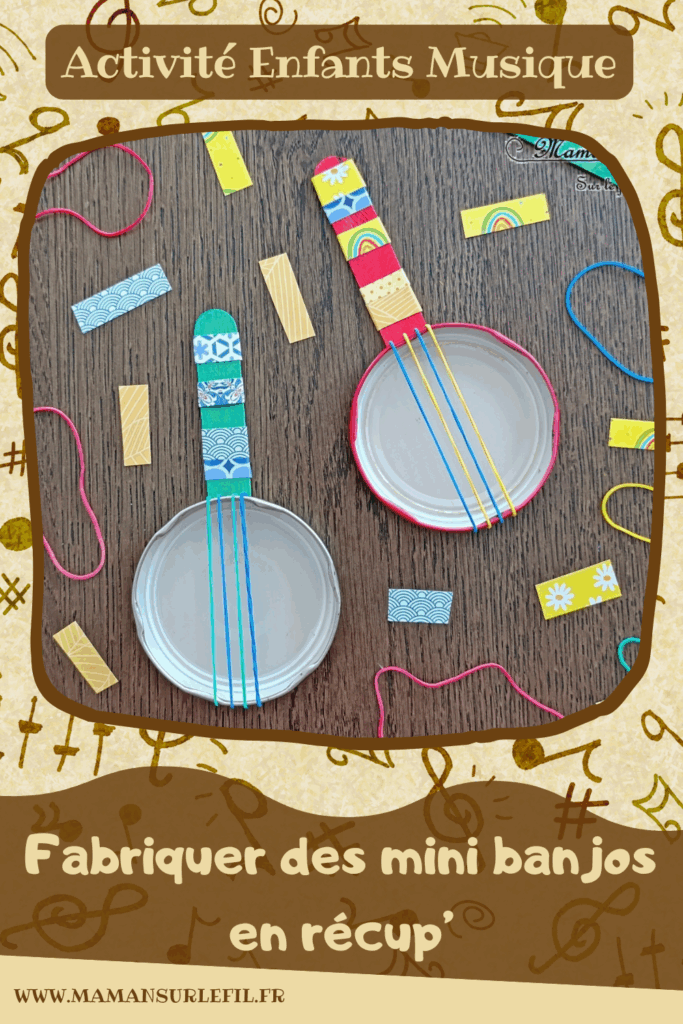 Fabriquer des mini banjos colorés en récup' : activité créative, récup et manuelle enfants - Recyclage, surcyclage de bouchons métalliques, d'élastiques et de bâtonnets en bois colorés - Bricolage rapide pour la fête de la musique - Découpage et collage de papier à motifs - Instruments de musique DIY, fait maison - Thème Fête de la musique - Bricolage et décoration sympa et facile - Arts visuels maternelle et élémentaire - Cycles 1 et 2 - Créativité - tutoriel photos - mslf