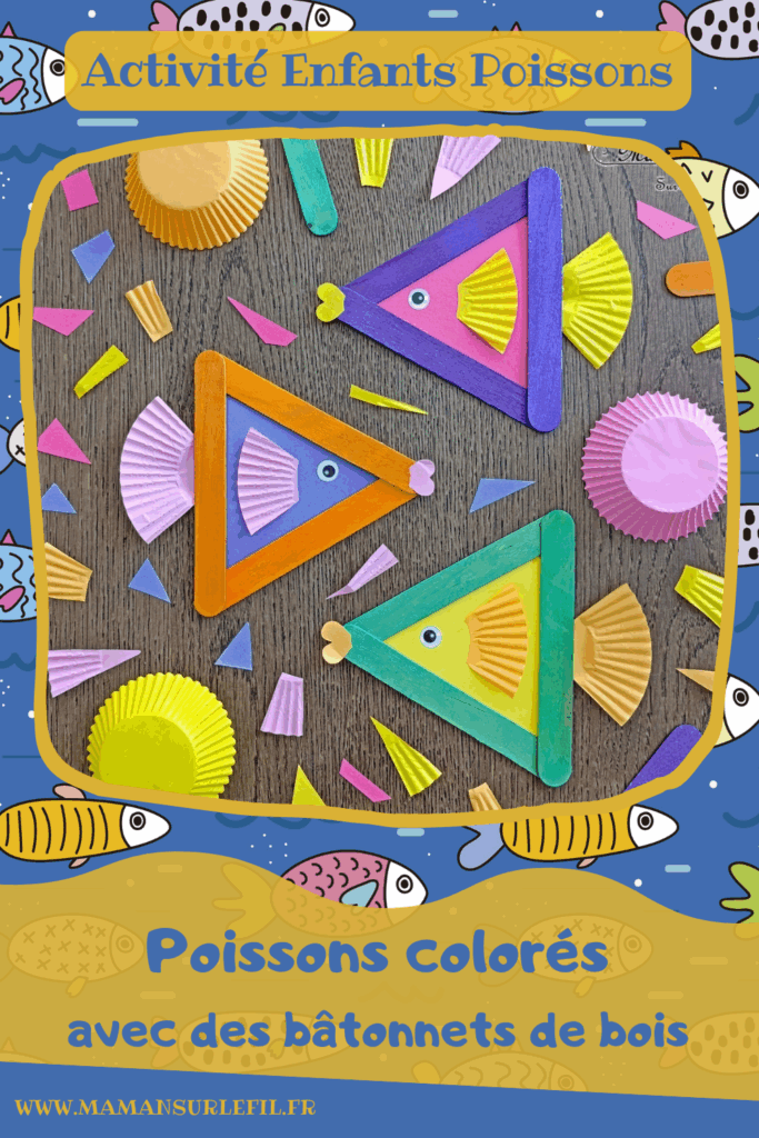 Fabriquer des poissons colorés avec des bâtonnets de bois et des caissettes à cupcakes : activité créative, récup' et manuelle enfants - Recyclage et surcyclage de gros bâtonnets en bois colorés et de caissettes couleurs Arc-en-ciel - Bricolage facile et rigolo - Découpage, collage - Gommettes Yeux - Thème poissons, animaux marins, mer, océans, été, 1er avril - Bricolage et décoration sympa et facile - Arts visuels maternelle et élémentaire - Cycles 1 et 2 - Créativité - tutoriel photos - mslf