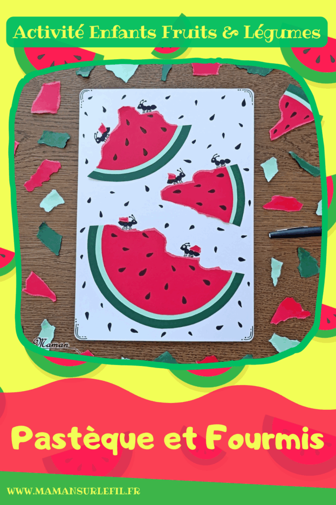 Pastèque en papier déchiré, mangée par des fourmis : activité créative et manuelle enfants - Déchirage, découpage et collage de papier - Utilisation du compas, cercles - Dessins et graphismes - Thème Fruits et légumes, potager, printemps, été - Bricolage et décoration sympa et facile - Arts visuels maternelle et élémentaire - Cycles 1 et 2 - Créativité - tutoriel photos - mslf