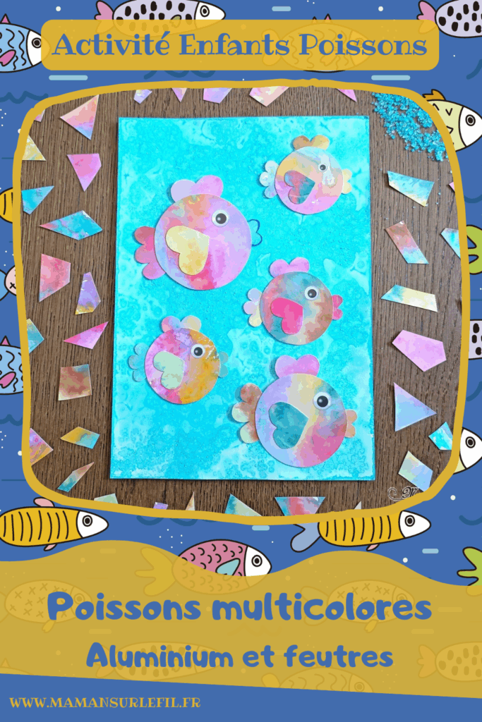 Créer des poissons multicolores au papier aluminium et feutres : activité créative, peinture et manuelle enfants - Fond bleu avec la technique de l'encre et du gros sel - Pour les poissons colorés, technique des feutres, du papier aluminium et de l'eau - Découpage, collage, cercle, coeurs - Gommettes Yeux - Thème poissons, animaux marins, mer, océans, été, 1er avril - Bricolage et décoration sympa et facile - Arts visuels maternelle et élémentaire - Cycles 1 et 2 - Créativité - tutoriel photos - mslf