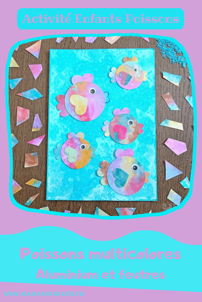 Créer des poissons multicolores au papier aluminium et feutres : activité créative, peinture et manuelle enfants - Fond bleu avec la technique de l'encre et du gros sel - Pour les poissons colorés, technique des feutres, du papier aluminium et de l'eau - Découpage, collage, cercle, coeurs - Gommettes Yeux - Thème poissons, animaux marins, mer, océans, été, 1er avril - Bricolage et décoration sympa et facile - Arts visuels maternelle et élémentaire - Cycles 1 et 2 - Créativité - tutoriel photos - mslf