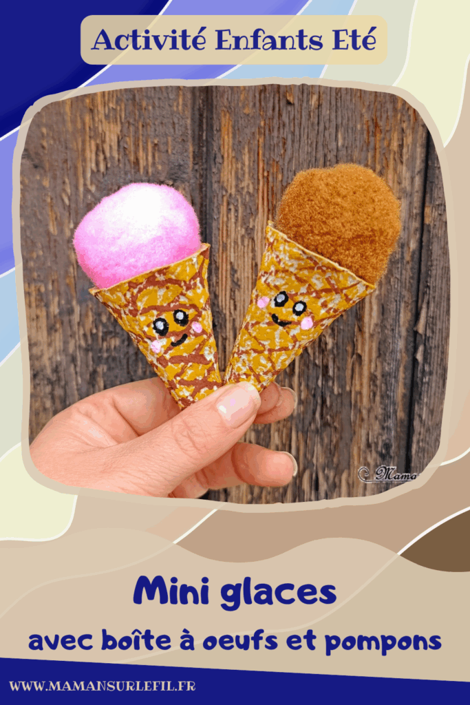 Fabriquer des mini glaces avec une boite à oeufs et des pompons : activité créative, récup' et manuelle enfants - Recyclage et surcyclage de boites à oeufs pour le cornet - Mise en couleur avec pastel gras et dessin aux marqueurs Peinture - Boules de glaces avec un gros pompon - Possible de varier les parfums (ici fraise et chocolat - Bricolage facile et rigolo - Thème alimentation, gourmandises sucrées, glaces, été - Bricolage et décoration sympa et facile - Arts visuels maternelle et élémentaire - Cycles 1 et 2 - Créativité - tutoriel photos - mslf