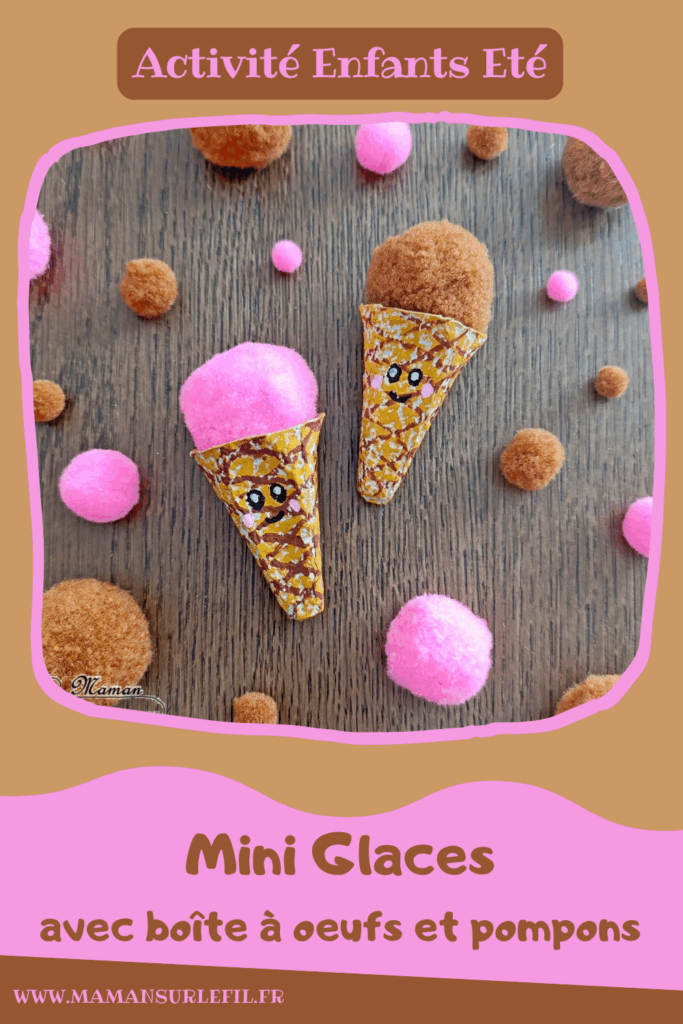 Fabriquer des mini glaces avec une boite à oeufs et des pompons : activité créative, récup' et manuelle enfants - Recyclage et surcyclage de boites à oeufs pour le cornet - Mise en couleur avec pastel gras et dessin aux marqueurs Peinture - Boules de glaces avec un gros pompon - Possible de varier les parfums (ici fraise et chocolat - Bricolage facile et rigolo - Thème alimentation, gourmandises sucrées, glaces, été - Bricolage et décoration sympa et facile - Arts visuels maternelle et élémentaire - Cycles 1 et 2 - Créativité - tutoriel photos - mslf
