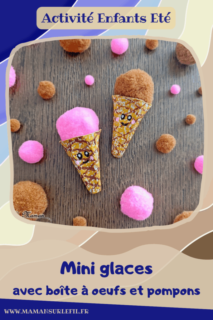 Fabriquer des mini glaces avec une boite à oeufs et des pompons : activité créative, récup' et manuelle enfants - Recyclage et surcyclage de boites à oeufs pour le cornet - Mise en couleur avec pastel gras et dessin aux marqueurs Peinture - Boules de glaces avec un gros pompon - Possible de varier les parfums (ici fraise et chocolat - Bricolage facile et rigolo - Thème alimentation, gourmandises sucrées, glaces, été - Bricolage et décoration sympa et facile - Arts visuels maternelle et élémentaire - Cycles 1 et 2 - Créativité - tutoriel photos - mslf
