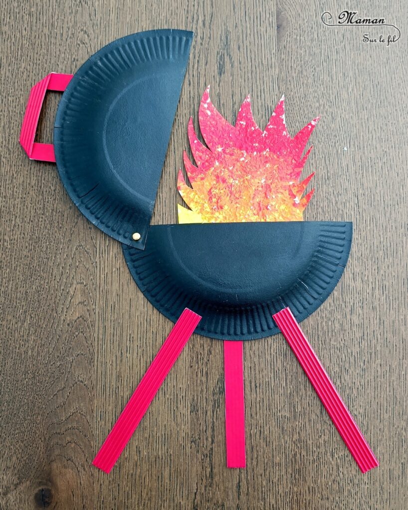 Fabriquer un barbecue avec une assiette en carton : activité créative, récup', peinture et manuelle enfants - Recyclage, surcyclage d'assiettes en carton - Peindre l'assiette en noir - Peinture au papier aluminium, relief, texture et dégradé de peinture pour le feu - Système d'attache parisienne pour ouvrir et fermer le couvercle - Découpage, collage de papier carton ondulé - Bricolage facile pour jeu DIY - Thème camping, vacances, barbecue, été - Bricolage et décoration sympa et facile - Arts visuels maternelle et élémentaire - Cycles 1 et 2 - Créativité - tutoriel photos - mslf