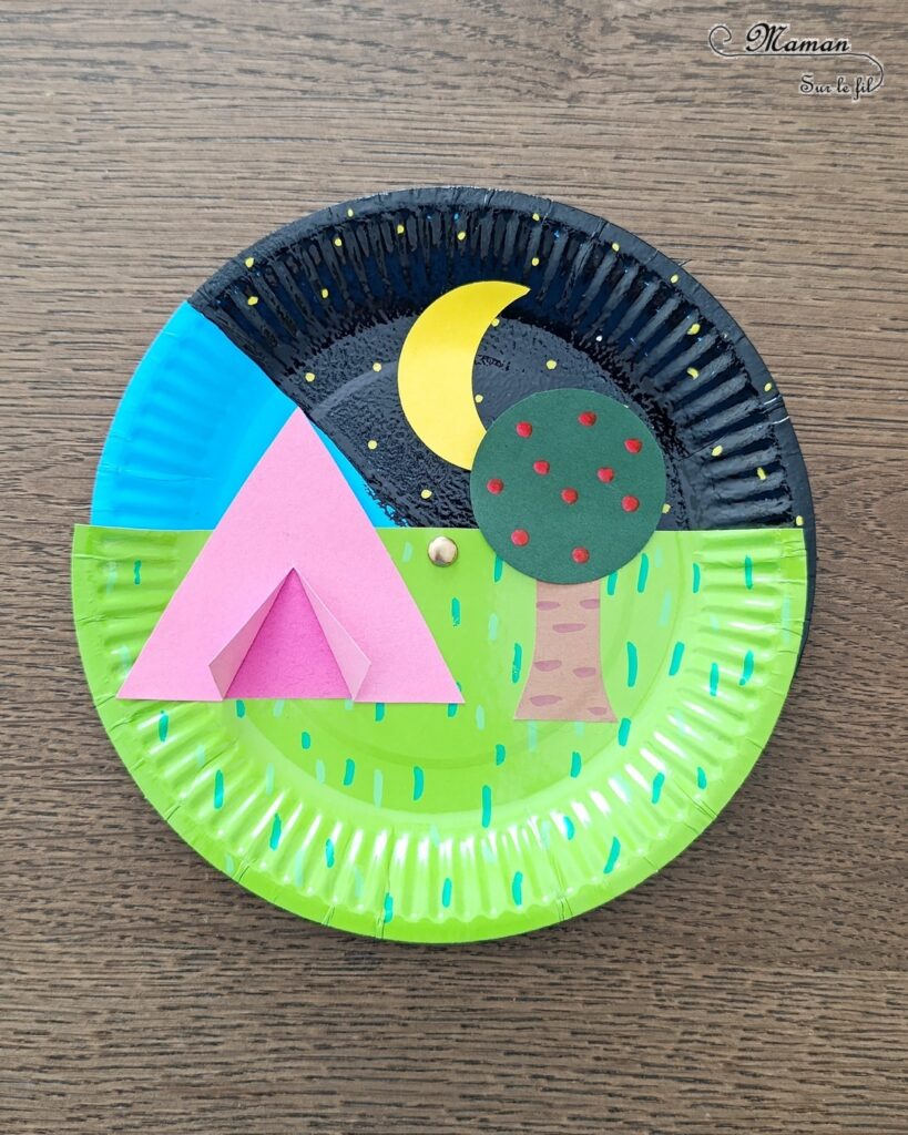 Camping dans la nature de jour et de nuit : activité créative, peinture et manuelle enfants - Jour et nuit qui passent et se succèdent grâce à roue qui tourne - Récup' d'assiettes en carton - Attache parisienne - Peinture, dessin, découpage, collage - Tente, ciel, herbe, arbre, temps qui passe - Jeu DIY rigolo à manipuler - Thème camping, vacances, été, colonies, camp d'été, météo, alternance Jour / Nuit, nature - Bricolage et décoration sympa et facile - Arts visuels maternelle et élémentaire - Cycles 1 et 2 - Créativité - tutoriel photos et vidéo - mslf