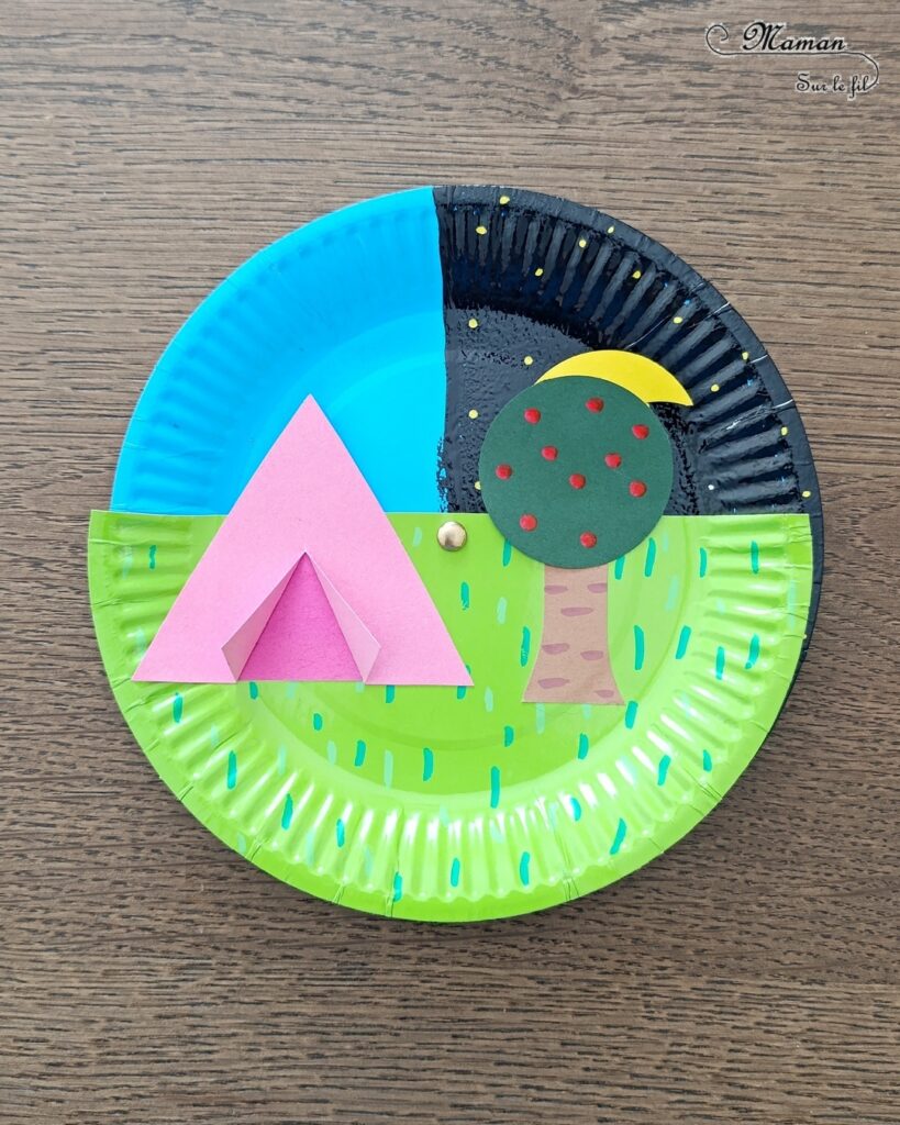 Camping dans la nature de jour et de nuit : activité créative, peinture et manuelle enfants - Jour et nuit qui passent et se succèdent grâce à roue qui tourne - Récup' d'assiettes en carton - Attache parisienne - Peinture, dessin, découpage, collage - Tente, ciel, herbe, arbre, temps qui passe - Jeu DIY rigolo à manipuler - Thème camping, vacances, été, colonies, camp d'été, météo, alternance Jour / Nuit, nature - Bricolage et décoration sympa et facile - Arts visuels maternelle et élémentaire - Cycles 1 et 2 - Créativité - tutoriel photos et vidéo - mslf