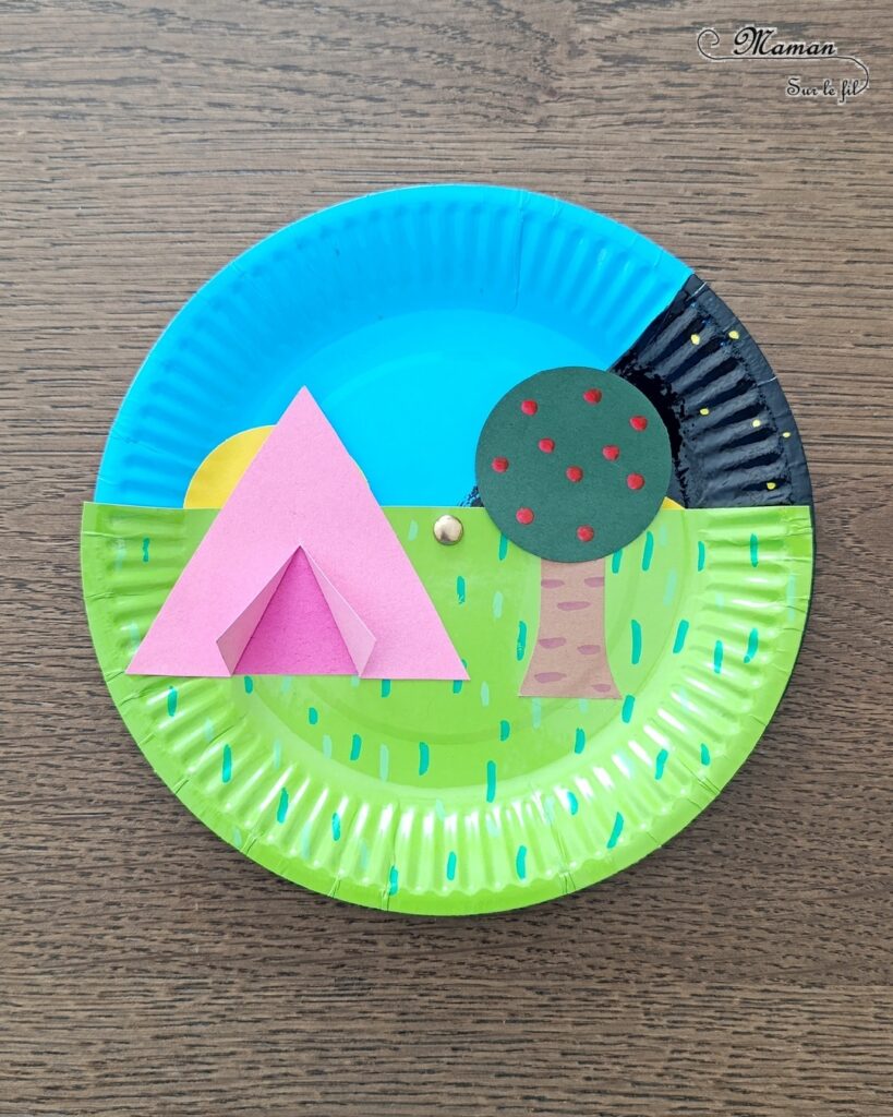 Camping dans la nature de jour et de nuit : activité créative, peinture et manuelle enfants - Jour et nuit qui passent et se succèdent grâce à roue qui tourne - Récup' d'assiettes en carton - Attache parisienne - Peinture, dessin, découpage, collage - Tente, ciel, herbe, arbre, temps qui passe - Jeu DIY rigolo à manipuler - Thème camping, vacances, été, colonies, camp d'été, météo, alternance Jour / Nuit, nature - Bricolage et décoration sympa et facile - Arts visuels maternelle et élémentaire - Cycles 1 et 2 - Créativité - tutoriel photos et vidéo - mslf