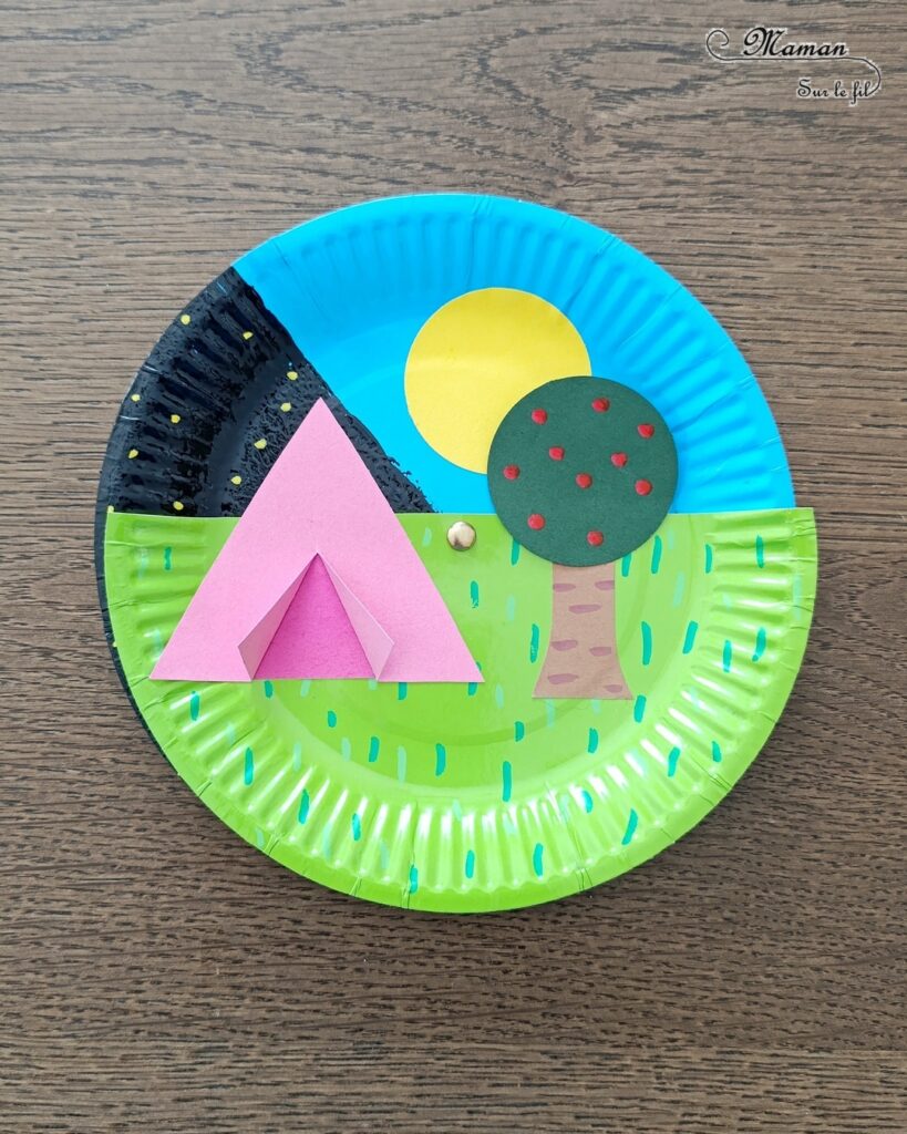 Camping dans la nature de jour et de nuit : activité créative, peinture et manuelle enfants - Jour et nuit qui passent et se succèdent grâce à roue qui tourne - Récup' d'assiettes en carton - Attache parisienne - Peinture, dessin, découpage, collage - Tente, ciel, herbe, arbre, temps qui passe - Jeu DIY rigolo à manipuler - Thème camping, vacances, été, colonies, camp d'été, météo, alternance Jour / Nuit, nature - Bricolage et décoration sympa et facile - Arts visuels maternelle et élémentaire - Cycles 1 et 2 - Créativité - tutoriel photos et vidéo - mslf