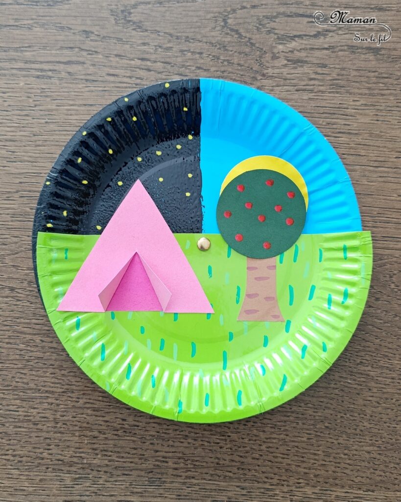 Camping dans la nature de jour et de nuit : activité créative, peinture et manuelle enfants - Jour et nuit qui passent et se succèdent grâce à roue qui tourne - Récup' d'assiettes en carton - Attache parisienne - Peinture, dessin, découpage, collage - Tente, ciel, herbe, arbre, temps qui passe - Jeu DIY rigolo à manipuler - Thème camping, vacances, été, colonies, camp d'été, météo, alternance Jour / Nuit, nature - Bricolage et décoration sympa et facile - Arts visuels maternelle et élémentaire - Cycles 1 et 2 - Créativité - tutoriel photos et vidéo - mslf