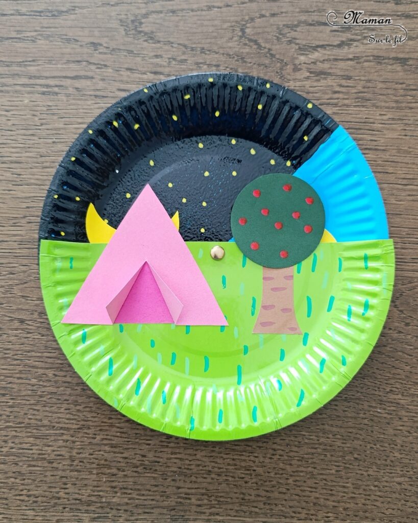 Camping dans la nature de jour et de nuit : activité créative, peinture et manuelle enfants - Jour et nuit qui passent et se succèdent grâce à roue qui tourne - Récup' d'assiettes en carton - Attache parisienne - Peinture, dessin, découpage, collage - Tente, ciel, herbe, arbre, temps qui passe - Jeu DIY rigolo à manipuler - Thème camping, vacances, été, colonies, camp d'été, météo, alternance Jour / Nuit, nature - Bricolage et décoration sympa et facile - Arts visuels maternelle et élémentaire - Cycles 1 et 2 - Créativité - tutoriel photos et vidéo - mslf
