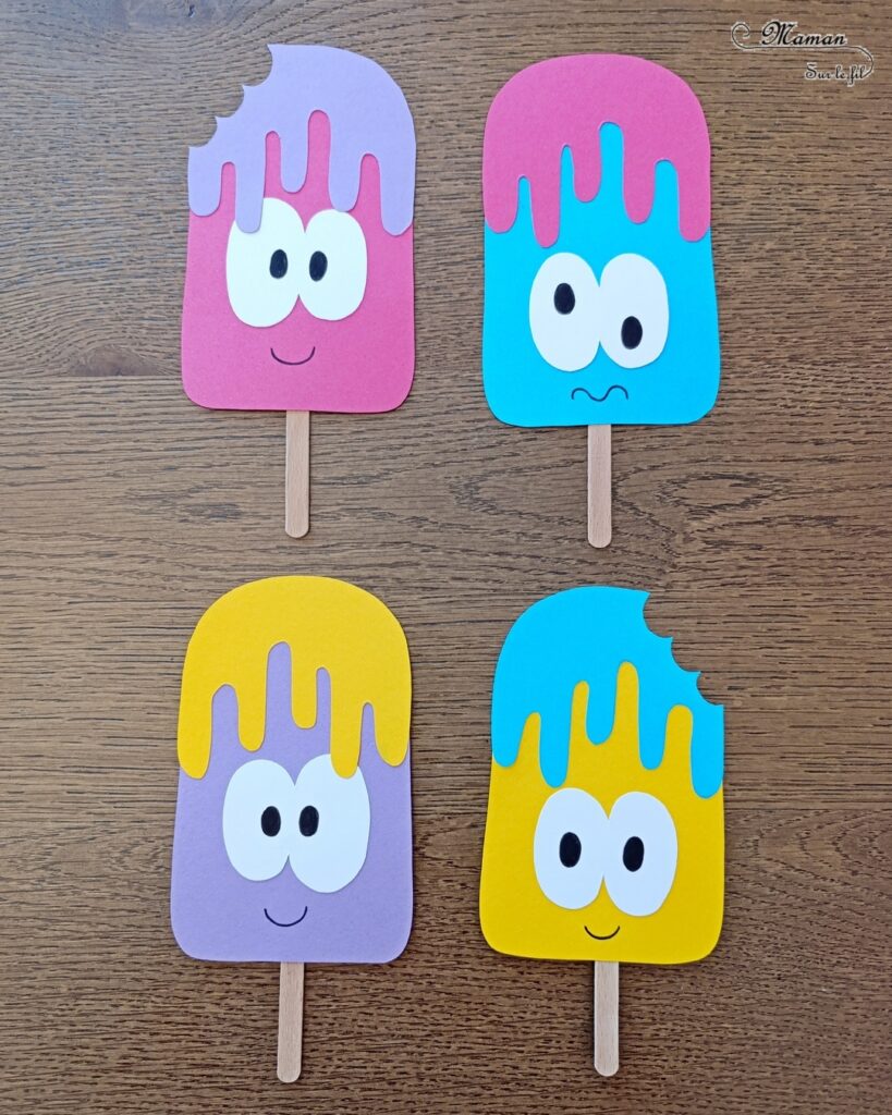 Créer des glaces rigolotes et colorées en papier : activité créative, récup' et manuelle enfants - Recyclage et surcyclage de chutes de papier et de bâtonnets de glace en bois - Découpage et collage pour la glace, le nappage et les gros yeux rigolos - Dessin des pupilles et de la bouche - Collage du bâtonnet de glace - Bricolage facile et rigolo - Thème alimentation, gourmandises sucrées, glaces, été - Bricolage et décoration sympa et facile - Arts visuels maternelle et élémentaire - Cycles 1 et 2 - Créativité - tutoriel photos - mslf