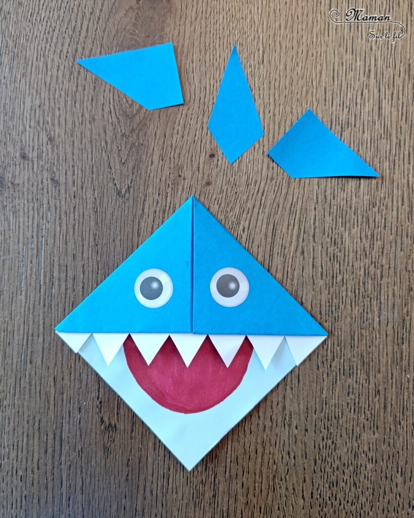 Fabriquer un marque-page Requin DIY en papier : activité créative et manuelle enfants - Pliage de papier et origami - Customisation en requin - Découpage, collage, coloriage et dessin - Cadeau à offrir Fait maison- Bricolage facile et rigolo - Thème animaux marins, océans, mer, été - Bricolage et décoration sympa et facile - Arts visuels maternelle et élémentaire - Cycles 1 et 2 - Créativité - tutoriel photos - mslf