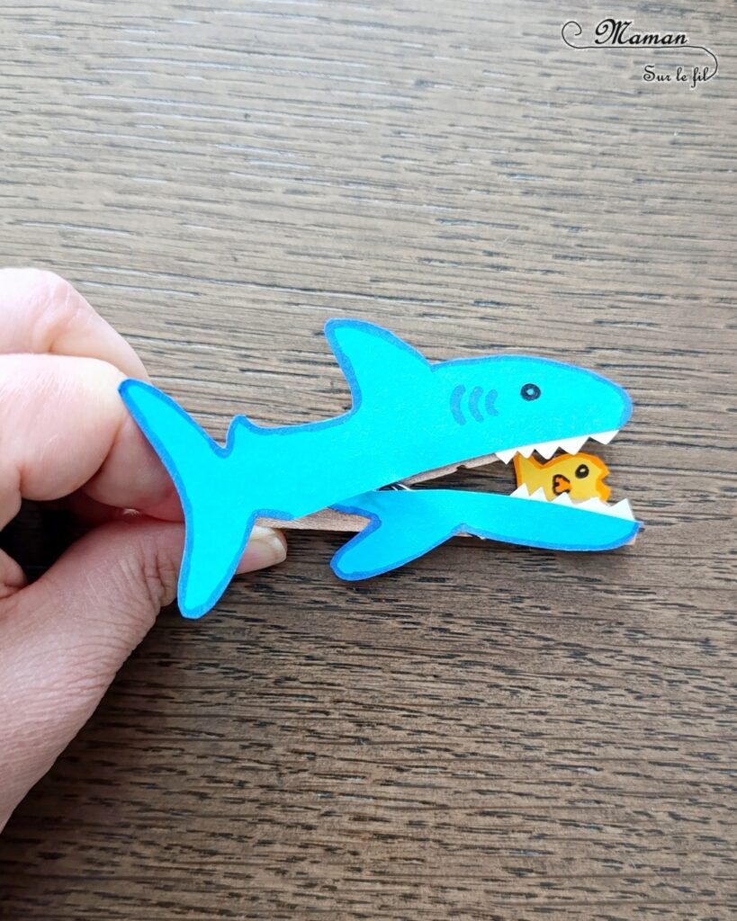 Fabriquer un requin Pince à linge et son petit poisson caché dans sa bouche : activité créative, rigolote et manuelle enfants - Découpage, collage, dessin - Pince à linge pour ouvrir la bouche du requin et faire apparaître un petit poisson - Muscler les petits doigts, motricité fine - Bricolage facile et rigolo - Thème animaux marins, océans, mer, été - Bricolage et décoration sympa et facile - Arts visuels maternelle et élémentaire - Cycles 1 et 2 - Créativité - tutoriel photos et vidéo - mslf