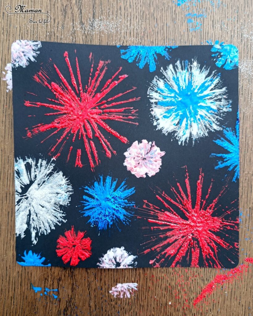 Peindre un feu d'artifice pour le 14 juillet avec des pailles et des paillettes : activité créative, peinture et manuelle enfants - Technique de la paille découpée en plusieurs bandes pour peindre les feux d'artifice - Couleurs bleu, blanc et rouge pour la fête nationale - Paillettes pour le côté brillant - Thème feu d'artifice, 14 juillet, fête nationale, drapeau français - Bricolage et décoration sympa et facile - Arts visuels maternelle et élémentaire - Cycles 1 et 2 - Créativité - tutoriel photos - mslf