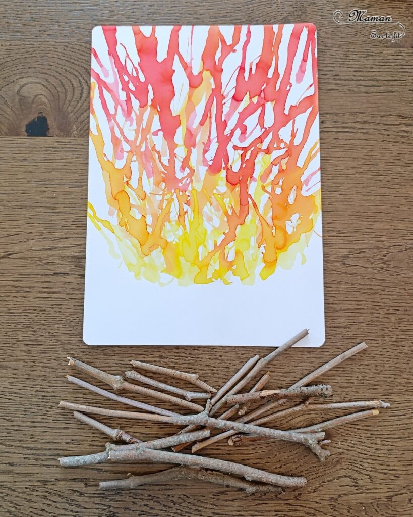 Créer un feu de camp en encre soufflée et éléments de la nature : activité créative, peinture et manuelle enfants - Technique des gouttes d'encre à dessiner soufflée à la paille - Dégradé de couleurs jaune, orange, rouge - Collage de branches de bois - Land art - Thème camping, vacances, été, colonies, camp d'été - Bricolage et décoration sympa et facile - Arts visuels maternelle et élémentaire - Cycles 1 et 2 - Créativité - tutoriel photos - mslf