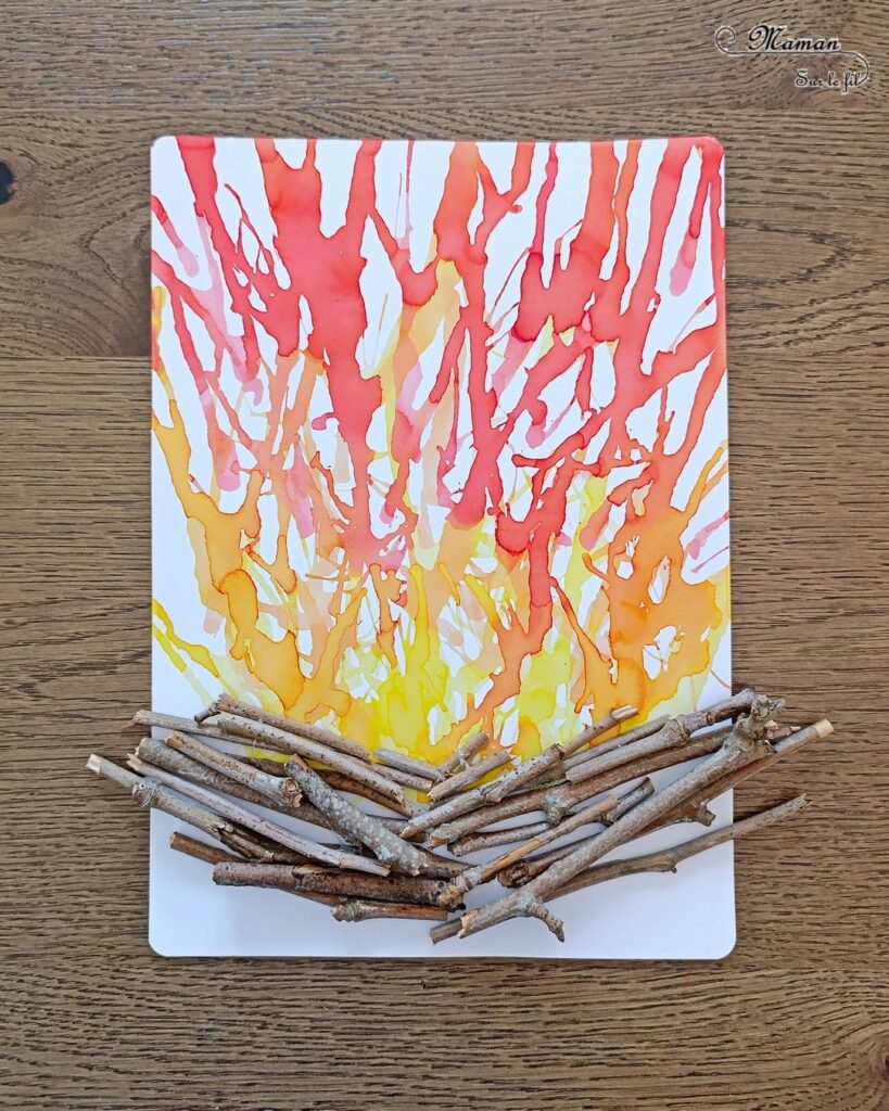 Créer un feu de camp en encre soufflée et éléments de la nature : activité créative, peinture et manuelle enfants - Technique des gouttes d'encre à dessiner soufflée à la paille - Dégradé de couleurs jaune, orange, rouge - Collage de branches de bois - Land art - Thème camping, vacances, été, colonies, camp d'été - Bricolage et décoration sympa et facile - Arts visuels maternelle et élémentaire - Cycles 1 et 2 - Créativité - tutoriel photos - mslf