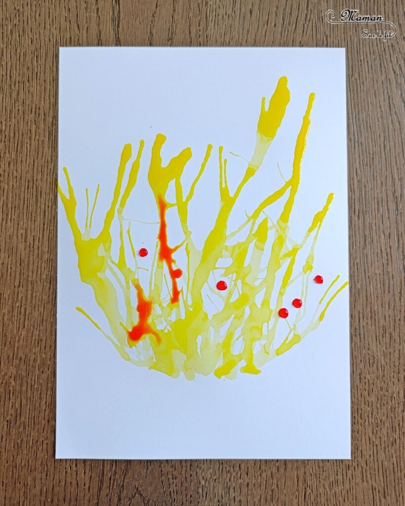 Créer un feu de camp en encre soufflée et éléments de la nature : activité créative, peinture et manuelle enfants - Technique des gouttes d'encre à dessiner soufflée à la paille - Dégradé de couleurs jaune, orange, rouge - Collage de branches de bois - Land art - Thème camping, vacances, été, colonies, camp d'été - Bricolage et décoration sympa et facile - Arts visuels maternelle et élémentaire - Cycles 1 et 2 - Créativité - tutoriel photos - mslf