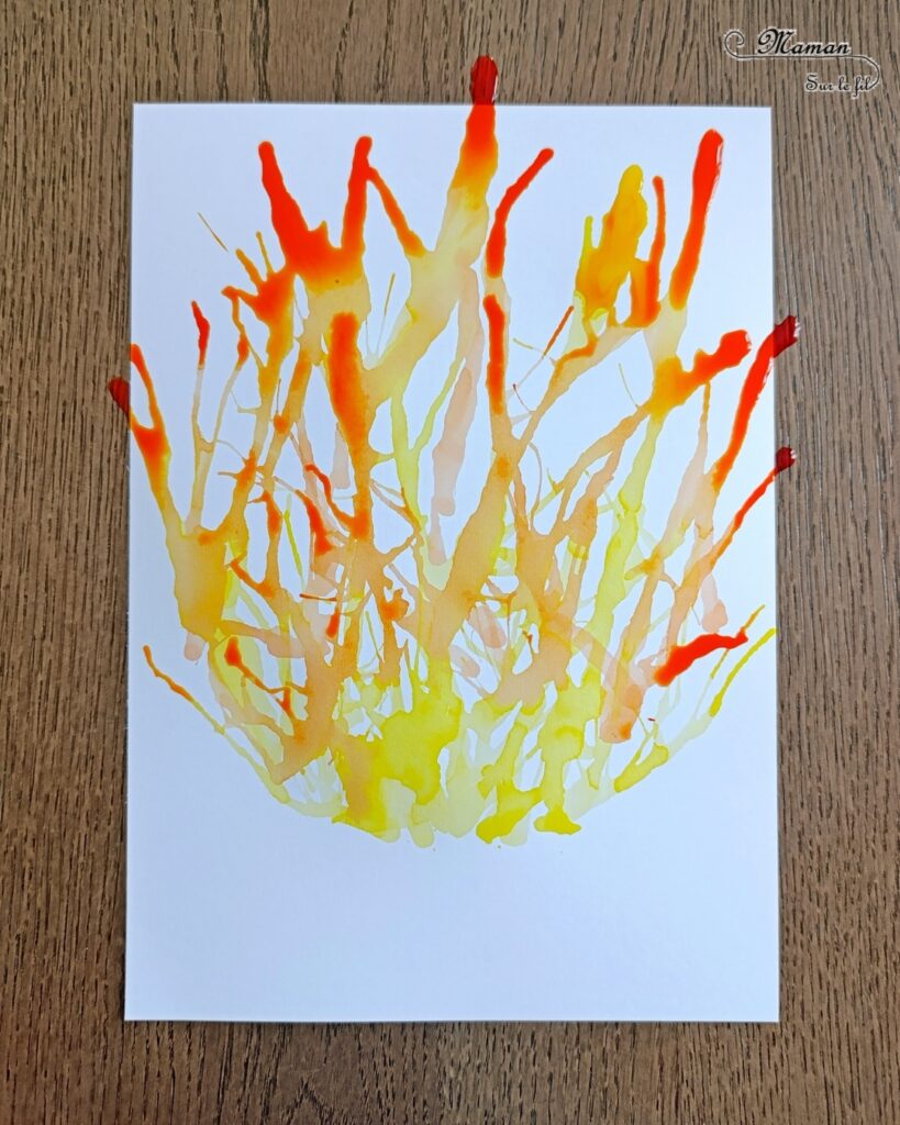 Créer un feu de camp en encre soufflée et éléments de la nature : activité créative, peinture et manuelle enfants - Technique des gouttes d'encre à dessiner soufflée à la paille - Dégradé de couleurs jaune, orange, rouge - Collage de branches de bois - Land art - Thème camping, vacances, été, colonies, camp d'été - Bricolage et décoration sympa et facile - Arts visuels maternelle et élémentaire - Cycles 1 et 2 - Créativité - tutoriel photos - mslf