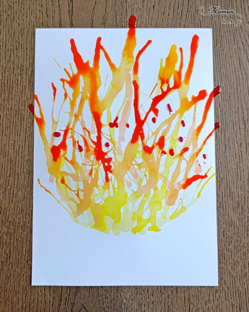 Créer un feu de camp en encre soufflée et éléments de la nature : activité créative, peinture et manuelle enfants - Technique des gouttes d'encre à dessiner soufflée à la paille - Dégradé de couleurs jaune, orange, rouge - Collage de branches de bois - Land art - Thème camping, vacances, été, colonies, camp d'été - Bricolage et décoration sympa et facile - Arts visuels maternelle et élémentaire - Cycles 1 et 2 - Créativité - tutoriel photos - mslf