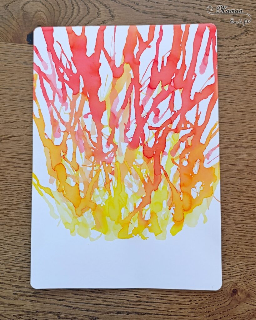 Créer un feu de camp en encre soufflée et éléments de la nature : activité créative, peinture et manuelle enfants - Technique des gouttes d'encre à dessiner soufflée à la paille - Dégradé de couleurs jaune, orange, rouge - Collage de branches de bois - Land art - Thème camping, vacances, été, colonies, camp d'été - Bricolage et décoration sympa et facile - Arts visuels maternelle et élémentaire - Cycles 1 et 2 - Créativité - tutoriel photos - mslf