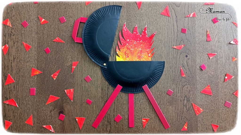 Fabriquer un barbecue avec une assiette en carton : activité créative, récup', peinture et manuelle enfants - Recyclage, surcyclage d'assiettes en carton - Peindre l'assiette en noir - Peinture au papier aluminium, relief, texture et dégradé de peinture pour le feu - Système d'attache parisienne pour ouvrir et fermer le couvercle - Découpage, collage de papier carton ondulé - Bricolage facile pour jeu DIY - Thème camping, vacances, barbecue, été - Bricolage et décoration sympa et facile - Arts visuels maternelle et élémentaire - Cycles 1 et 2 - Créativité - tutoriel photos - mslf