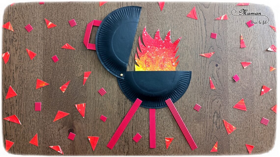 Fabriquer un barbecue avec une assiette en carton : activité créative, récup', peinture et manuelle enfants - Recyclage, surcyclage d'assiettes en carton - Peindre l'assiette en noir - Peinture au papier aluminium, relief, texture et dégradé de peinture pour le feu - Système d'attache parisienne pour ouvrir et fermer le couvercle - Découpage, collage de papier carton ondulé - Bricolage facile pour jeu DIY - Thème camping, vacances, barbecue, été - Bricolage et décoration sympa et facile - Arts visuels maternelle et élémentaire - Cycles 1 et 2 - Créativité - tutoriel photos - mslf